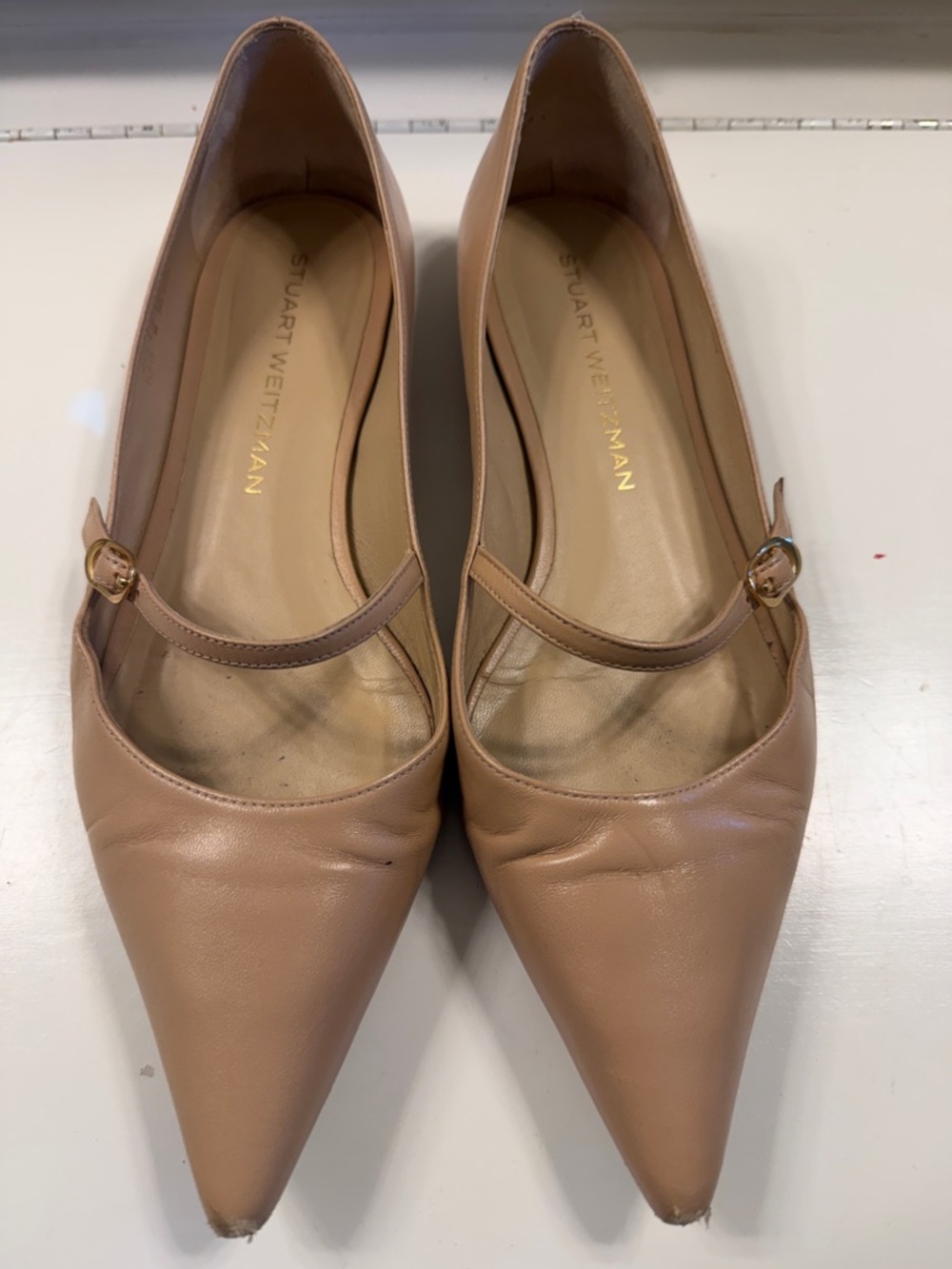 Stuart Weitzman Blush Leather Pointed Mary Jane Flats